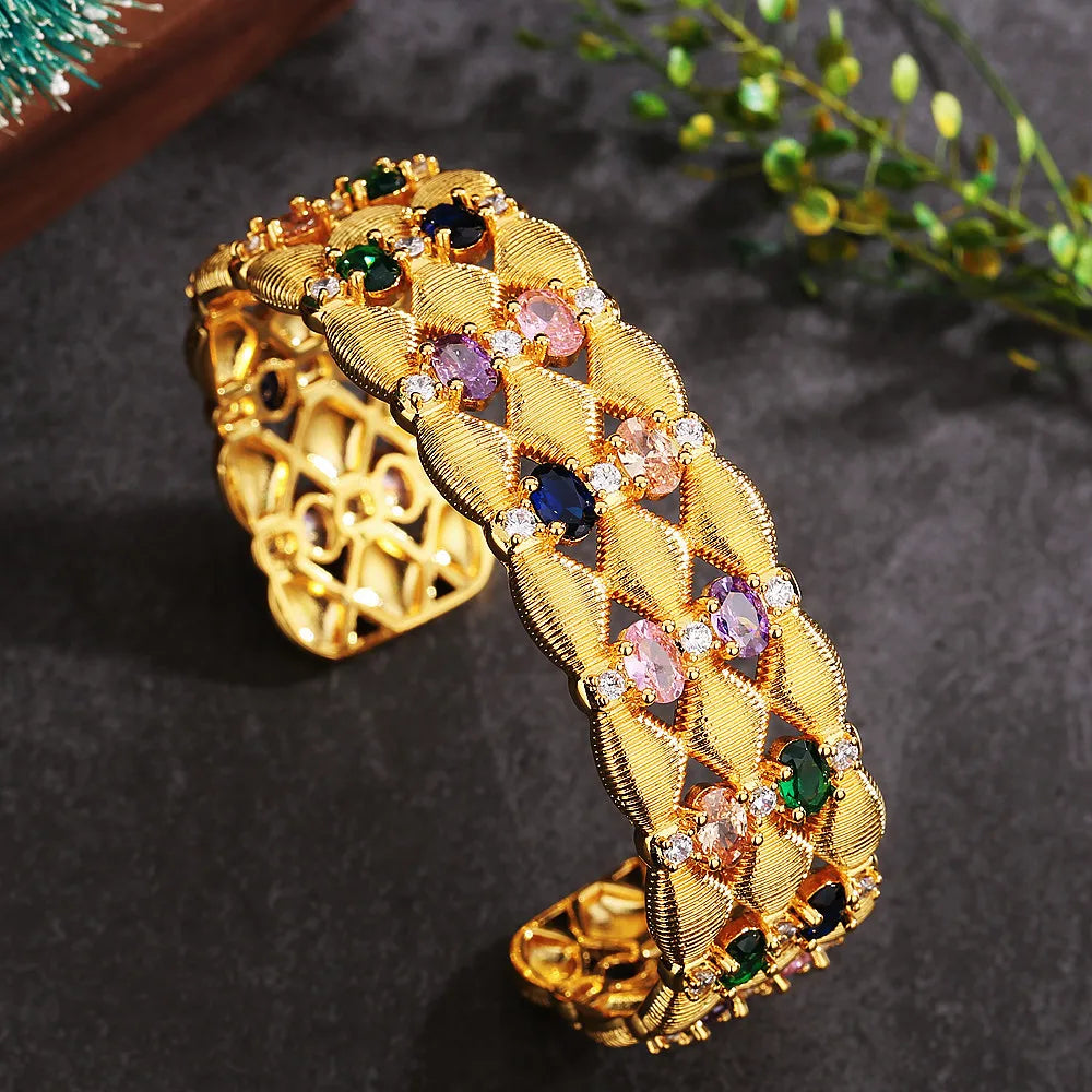 Popular Stainless Steel Rainbow Gemstones Wide Open Bracelet Bangle/Band Ring Knitted Handmade Luxury AU750 Women Jewellery Set