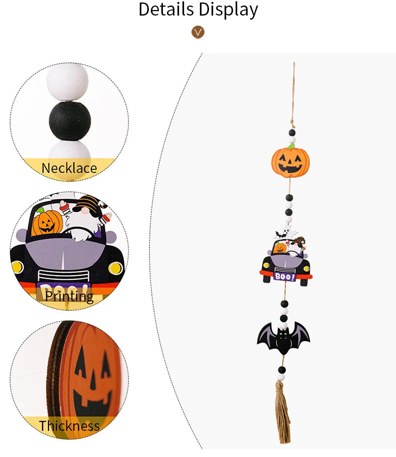 Halloween Wooden Hanging Decorative Ghost Festival Atmosphere Decorations Beaded Witch Pumpkin Bat Pendant Home Party Supplies