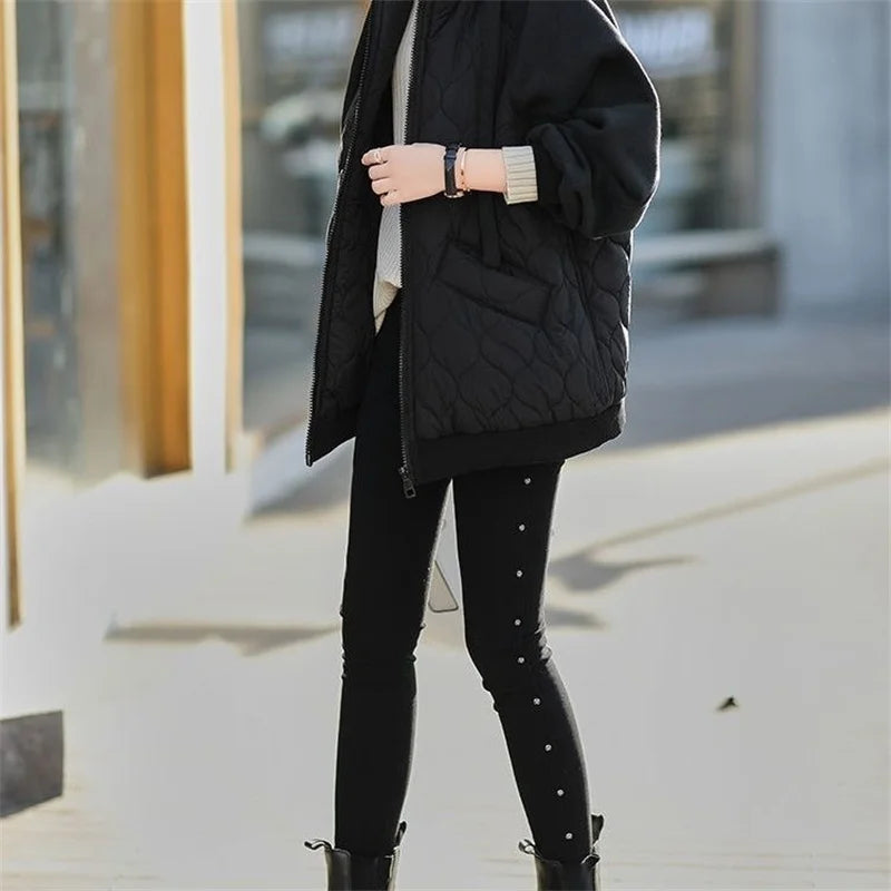 Autumn/Winter Jacket Women Hooded Splice Down Cotton Coat 2023 European Station Large Size Loose Cotton Jacket Female Outerwear