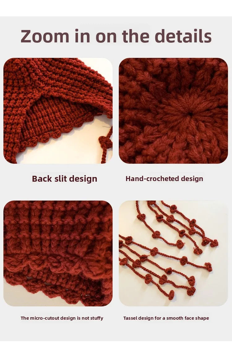Winter Travel Red Hollow Knit Beanie Fashion Hat with Tassel Tie for Women Cold Weather Accessory