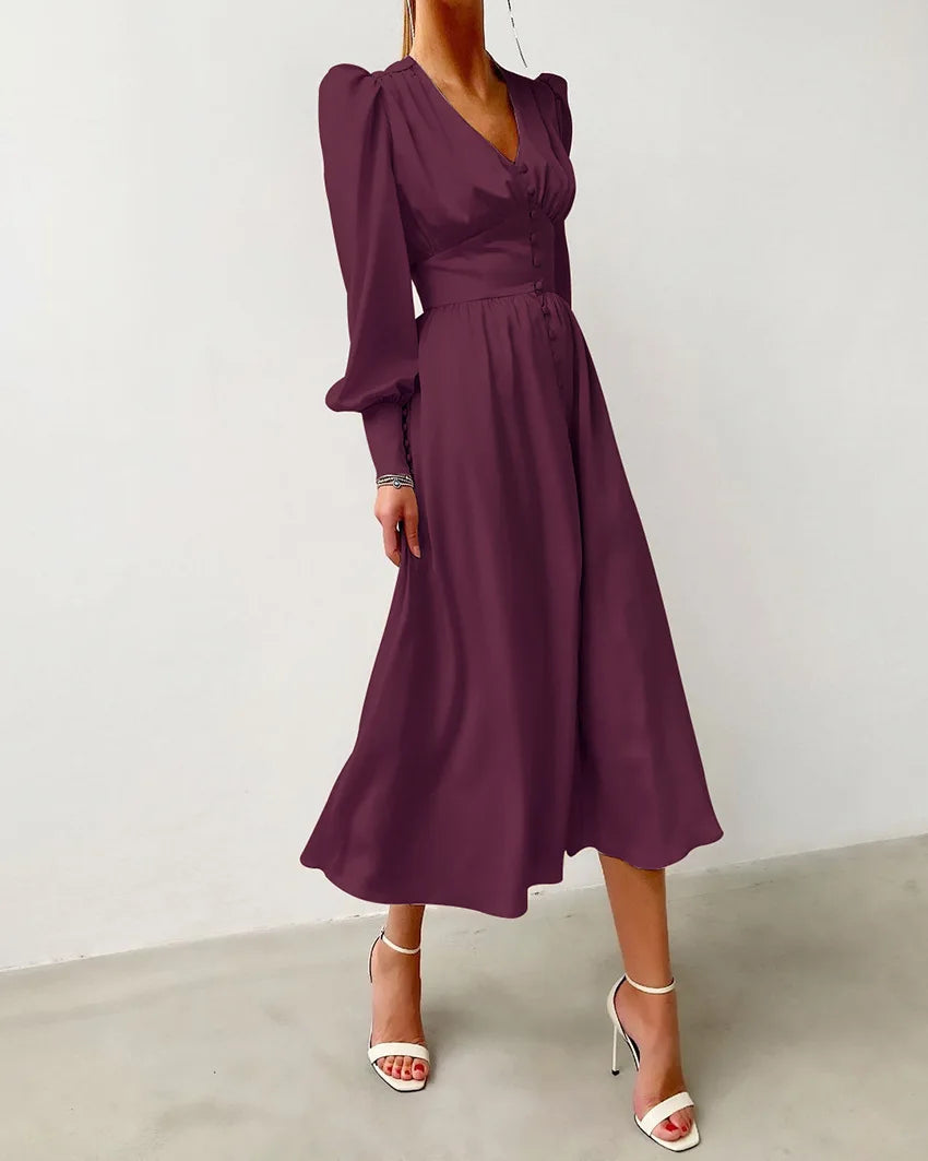 Autumn and Winter Women's Long Dress V-neck Satin Waist Retro Dresses for Women
