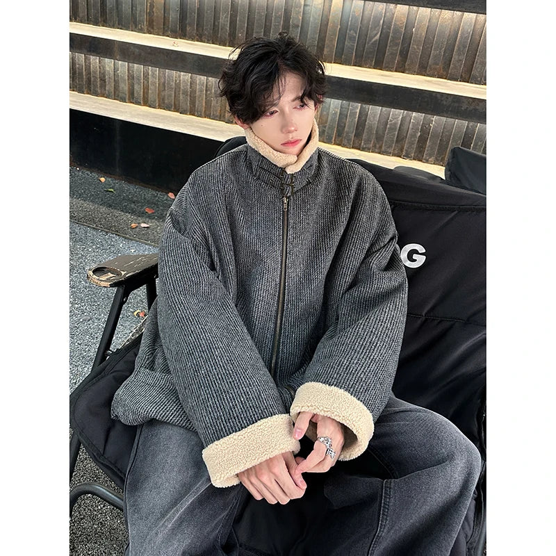 Men Winter Berber Fleece Jacket Parka Coat Mens Multi-pockets Stand Collar Casual Thick Warm Jacket Man Khaki/Dark Gray