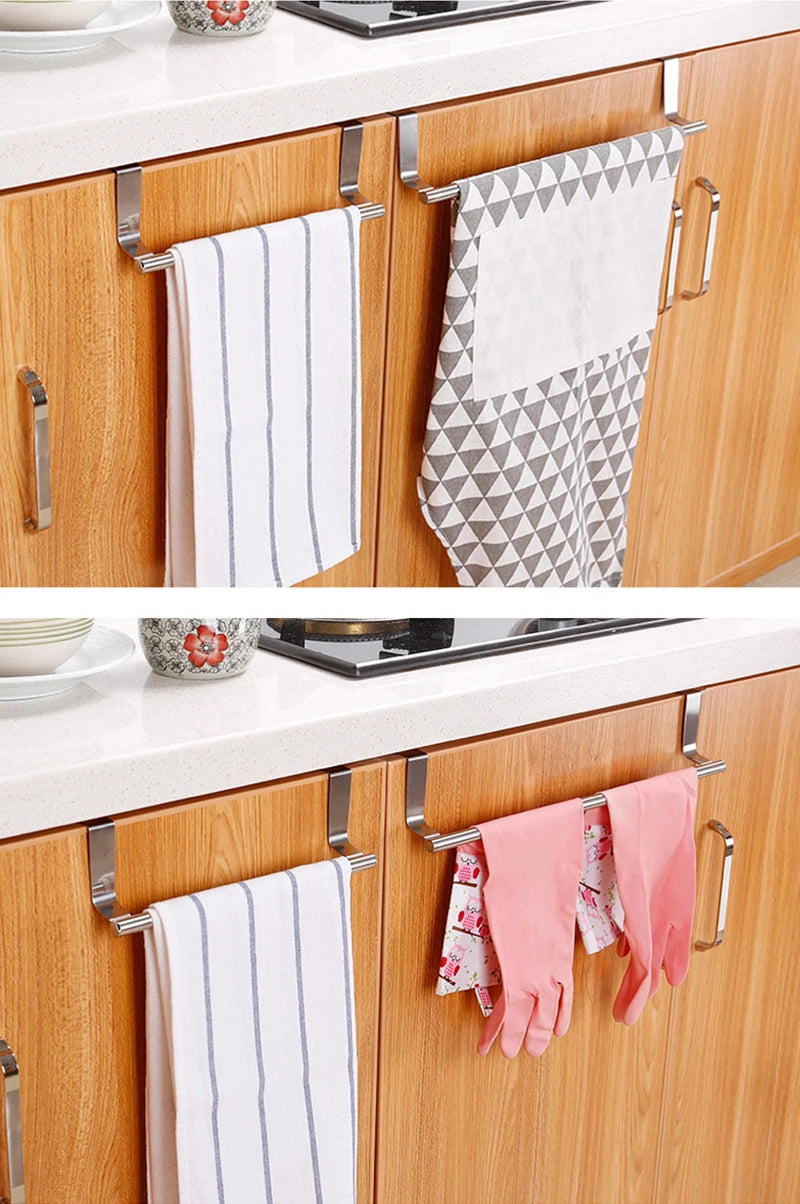 Kitchen Cabinet Door Towel Bar Stainless Steel Door Back Towel Hanging Holder Bathroom Punch-free Towels Hooks  Home Organizer