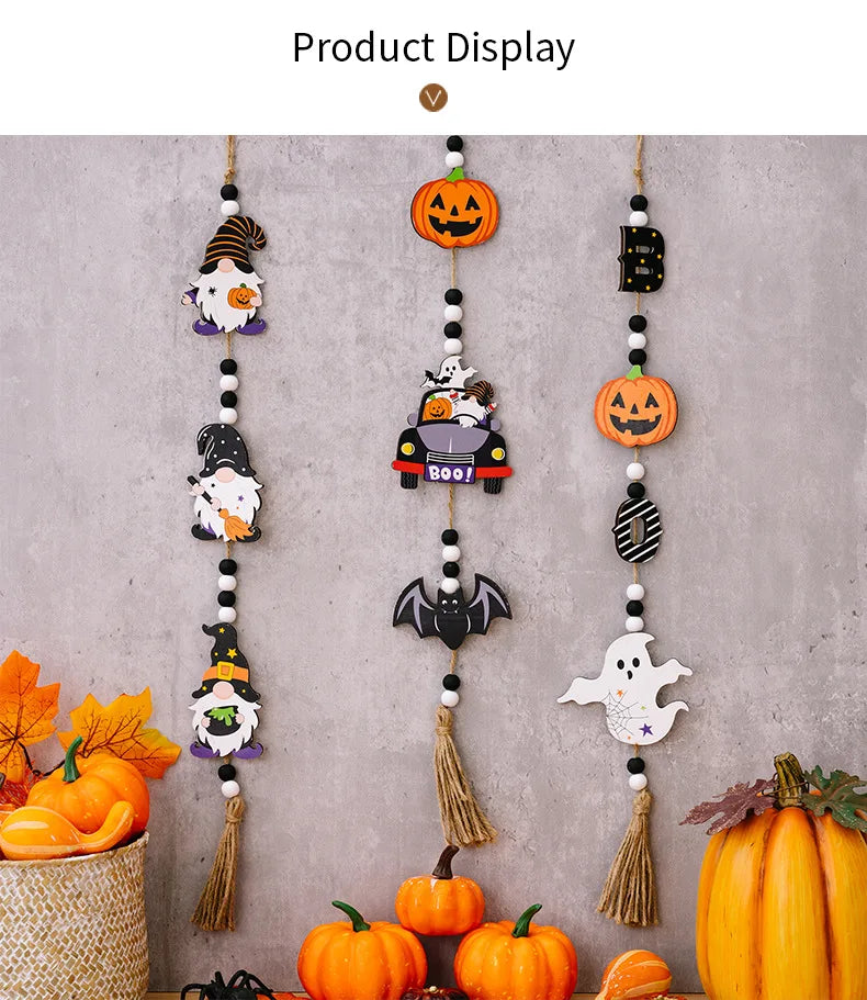 Halloween Wooden Hanging Decorative Ghost Festival Atmosphere Decorations Beaded Witch Pumpkin Bat Pendant Home Party Supplies