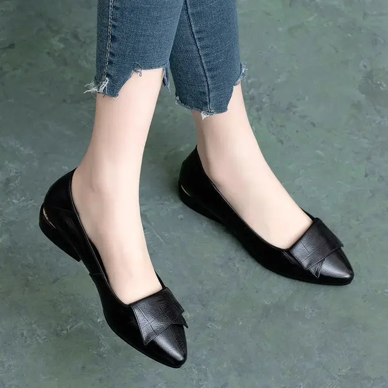 Shoe Women's 2024 New Spring and Autumn Shallow Cut Thick Heel Pointed Toe Women's Shoes Soft Leather Soft Sole Shoes Work Shoes