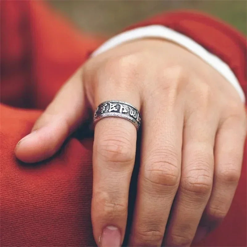 925 Silver Ring Male Finger Accessories Personality Retro Buddhist Scripture Mantra Om Mani Padme Hum Ring For Men Adjustable