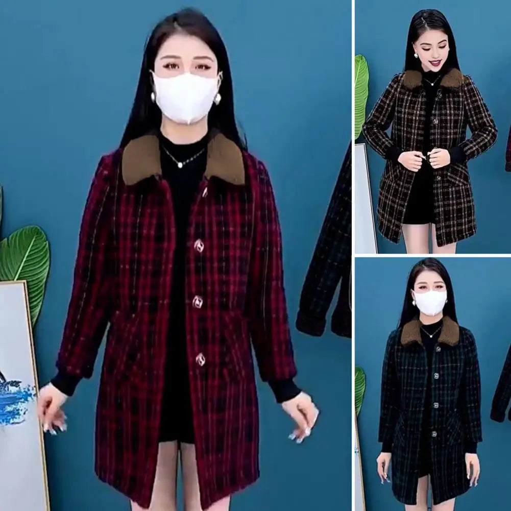 Women Plaid Coat Checkered Winter Mother Jacket Pockets Turn-down Collar Single-breasted Mid Length Overcoat Mid-aged Women Coat