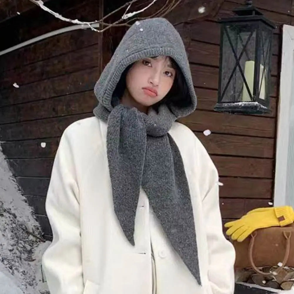 Knitted Winter Balaclava Thickened One-Piece Scarf Cap Winter Accessories Hooded Hat Neck Protection Scarf Outdoor Sports