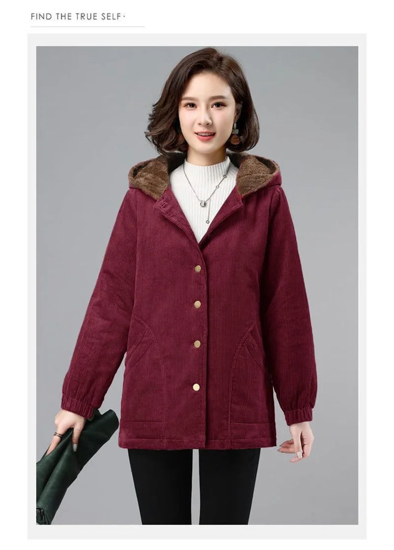 Women Corduroy Jackets 2025 New Autumn Winter Solid Loose Coat Female Casual Middle-Aged Plus Velvet Warm Hooded Ladies Overcoat