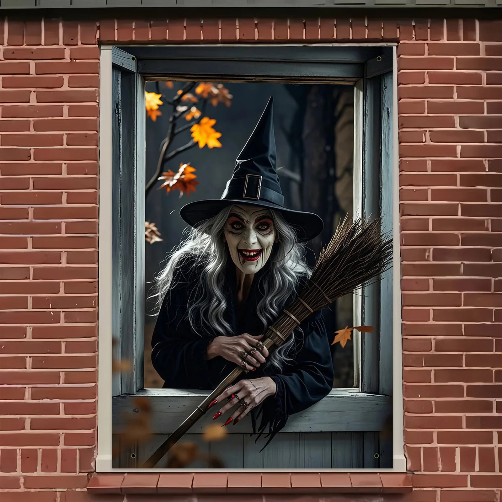 Halloween party, eerie witch window decoration with black cats and brooms, haunted house garden theme