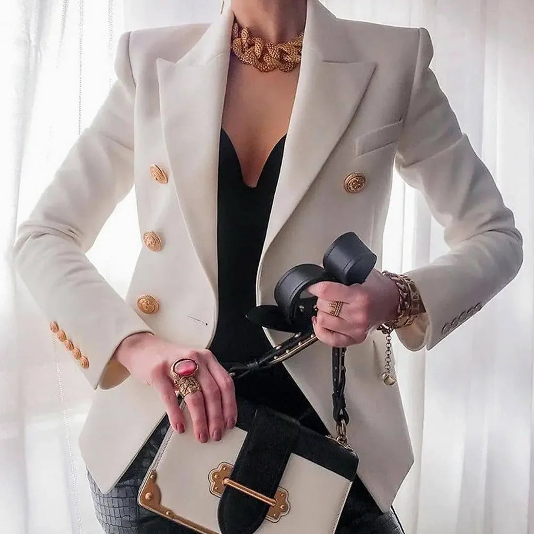 women suits jacket Women's Notched Lapel Double Breasted Blazer Suit Long Sleeve Buttons Casual Work Office Jacket Blazers