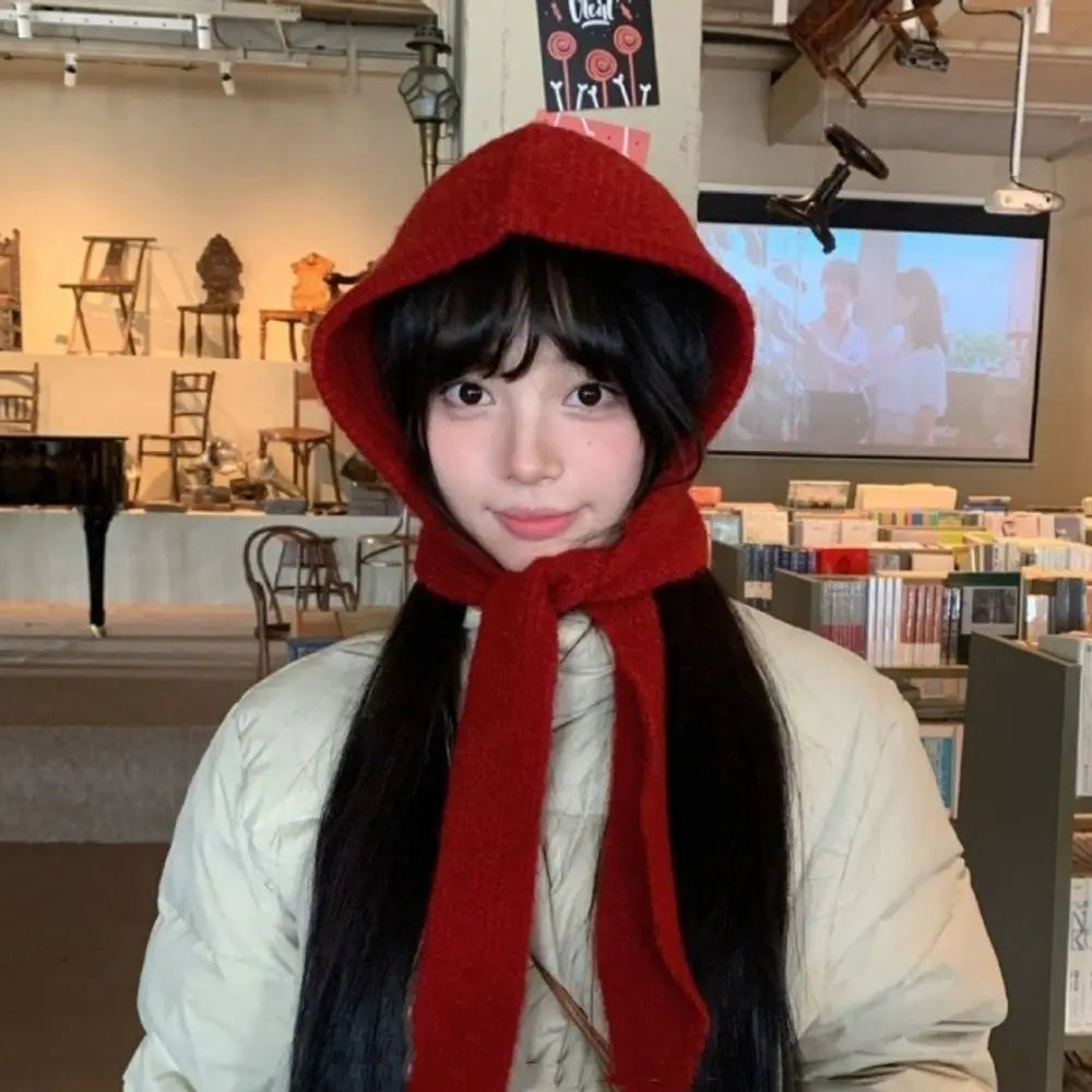 Fashion Winter Balaclavas Cap Warm Thick Knitted Hooded Hat Ski Windproof Neck Collar Scarf Cap Beanie