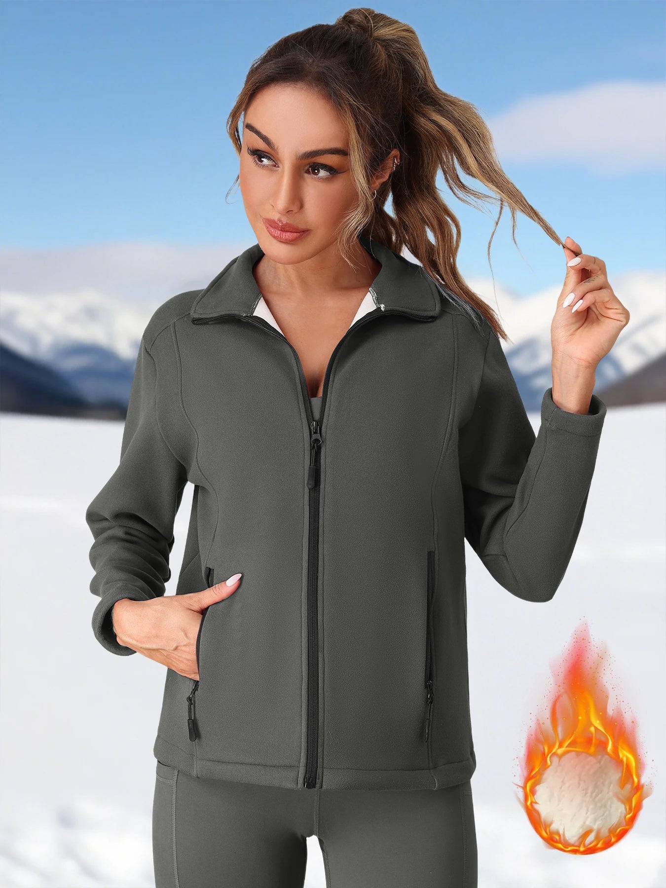 Fleece Jacket for Women Full Zip Solid Color Pullover with Two Utility Pockets Autumn Winter Warm Thick Coat Slim Soft Jacket