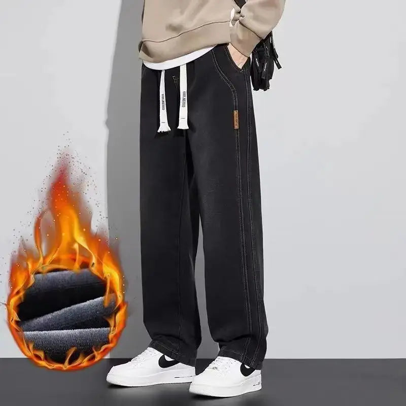 Retro American Wide Leg Men's Jeans Thiened Fce Lined Loose Fit Autumn Winter Wear Resistant Long Trousers Casual Cotton...