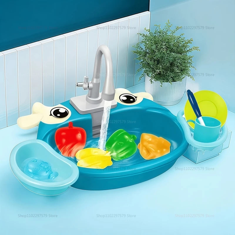 Kids Play Kitchen Set Simulated Dishwasher Sink Hand Basin with Electric Circulating Water Toys for Boys Girls Pretend Role Play