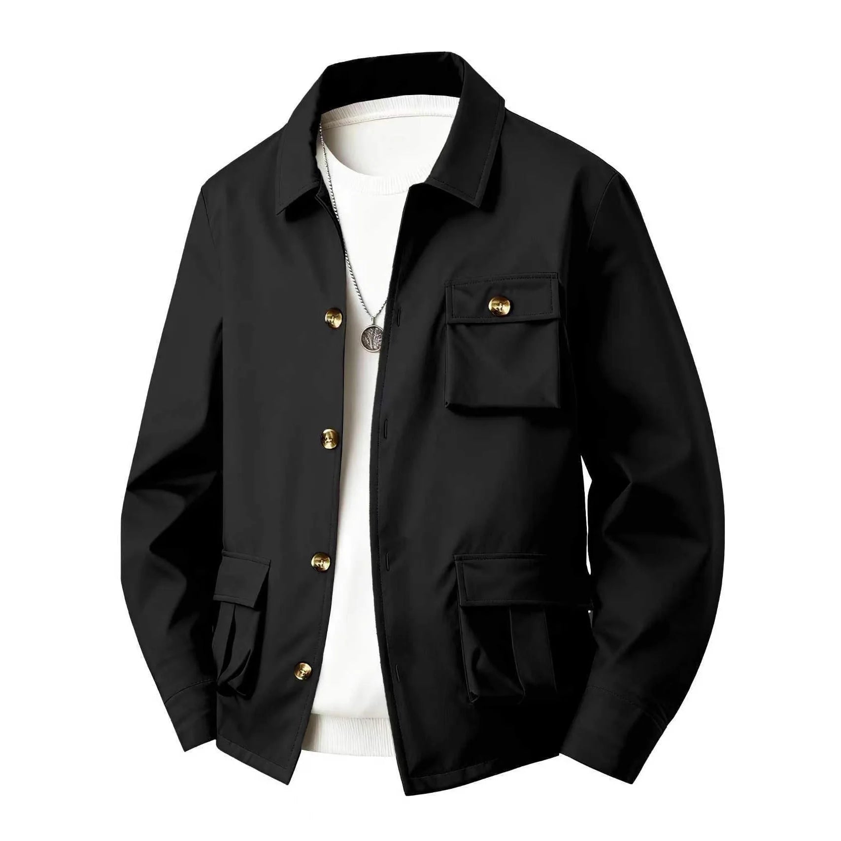 New men's coat - stylish and casual, with pocket buttons, collarless, simple solid color, winter jacket