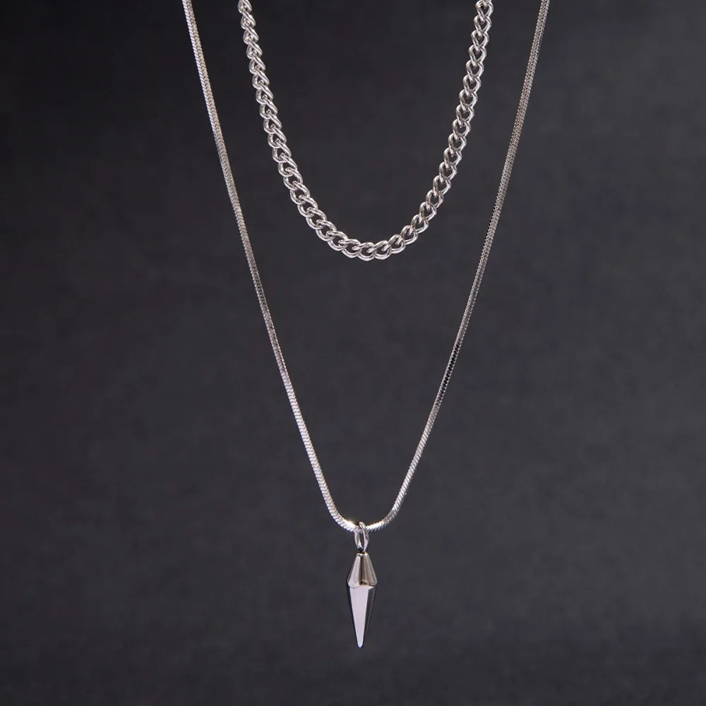 Hip-hop Fashion Double Layer Fold Wear Rivets Pendant Necklace Stainless Steel Clavicle Chain for Men Jewelry Accessories Gifts
