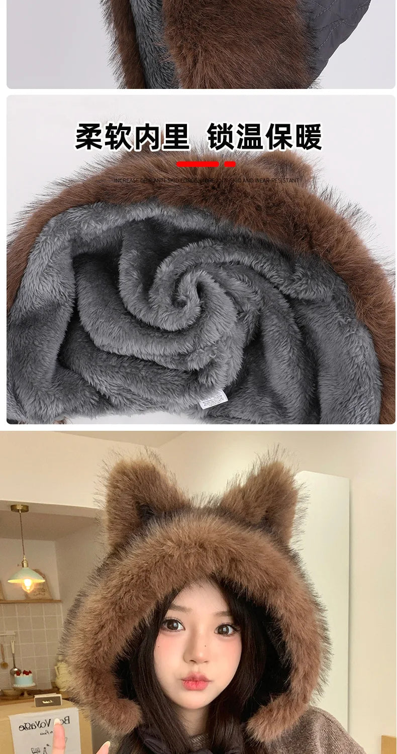 Winter Hat Thicken Ski Beanie Hat for Women Balaclava Spicy Girl Style Cat Girlfriend Hat Outdoor  Warm Protection Accessories