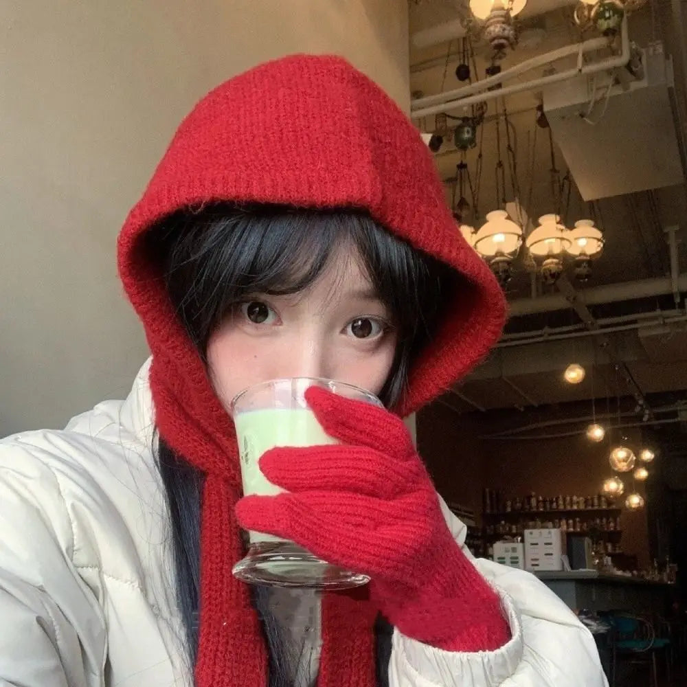 Fashion Winter Balaclavas Cap Warm Thick Knitted Hooded Hat Ski Windproof Neck Collar Scarf Cap Beanie