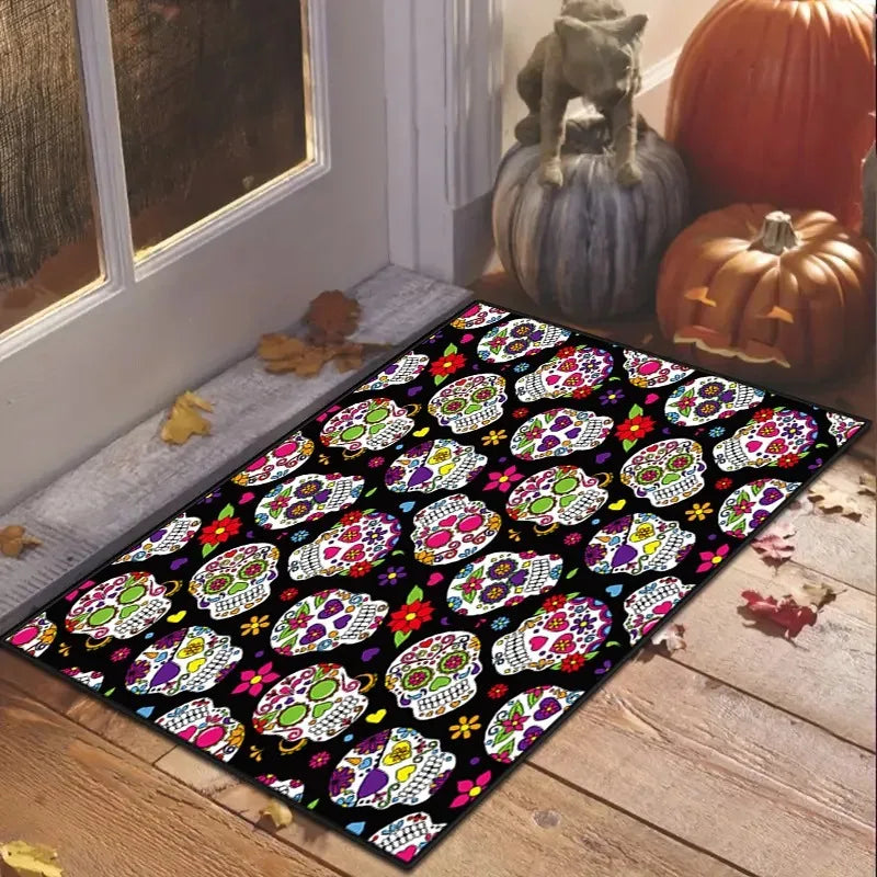 Halloween Day of The Dead Decorative Rug, Durable Home Decor Festive Atmosphere Entrance Door Mat Kitchen Mat