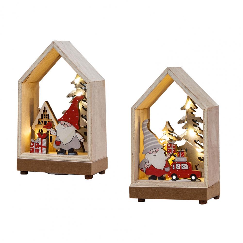 Christmas Ornaments Xmas LED Wooden House Glowing Santa Claus Wooden House Ornament For Party Home Desktop Decor