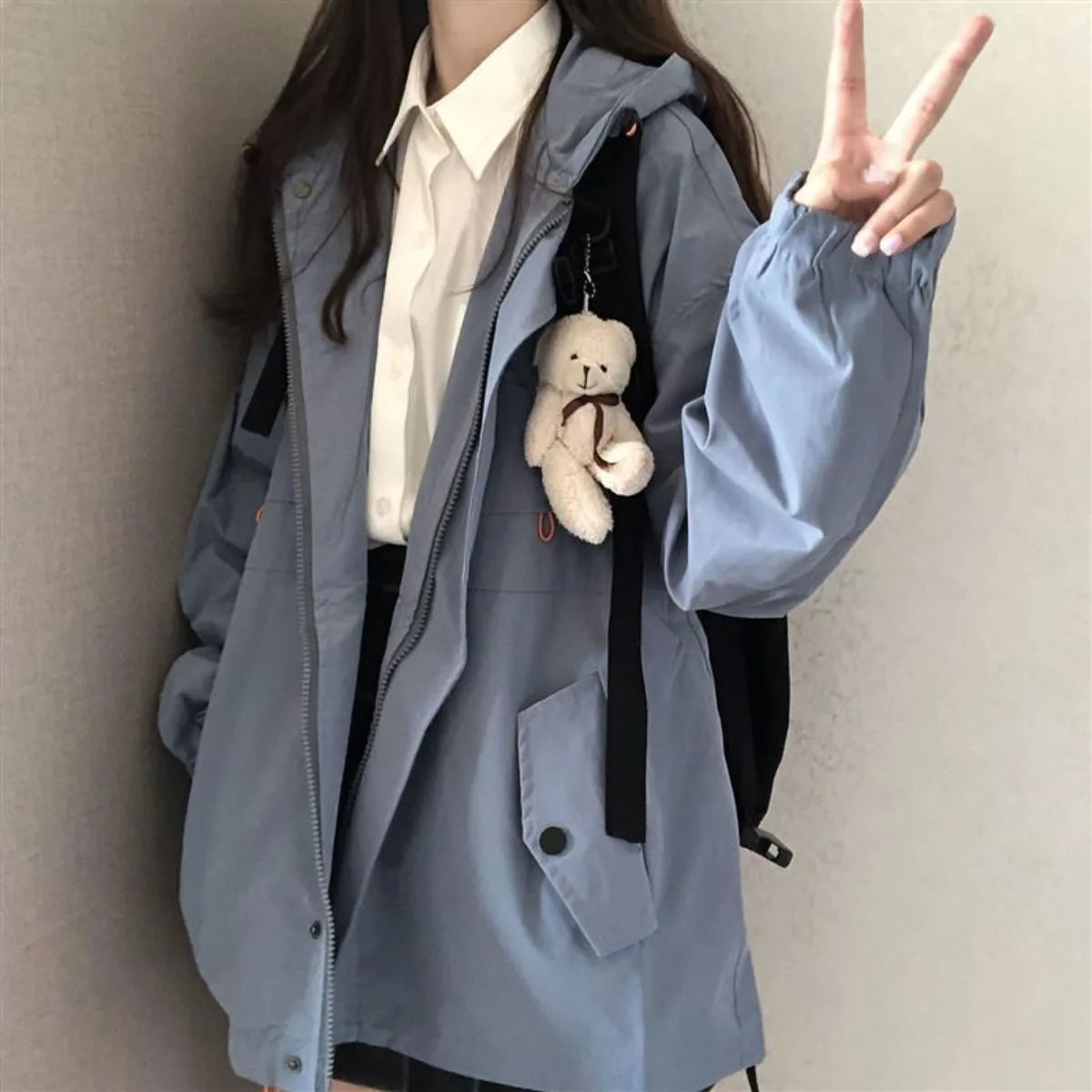 Women Black Jacket with Hood Long Sleeve Work Clothes Pocket Zipper Jacket Coat Woman Loose Casual Outerwear Coat Tops Trend