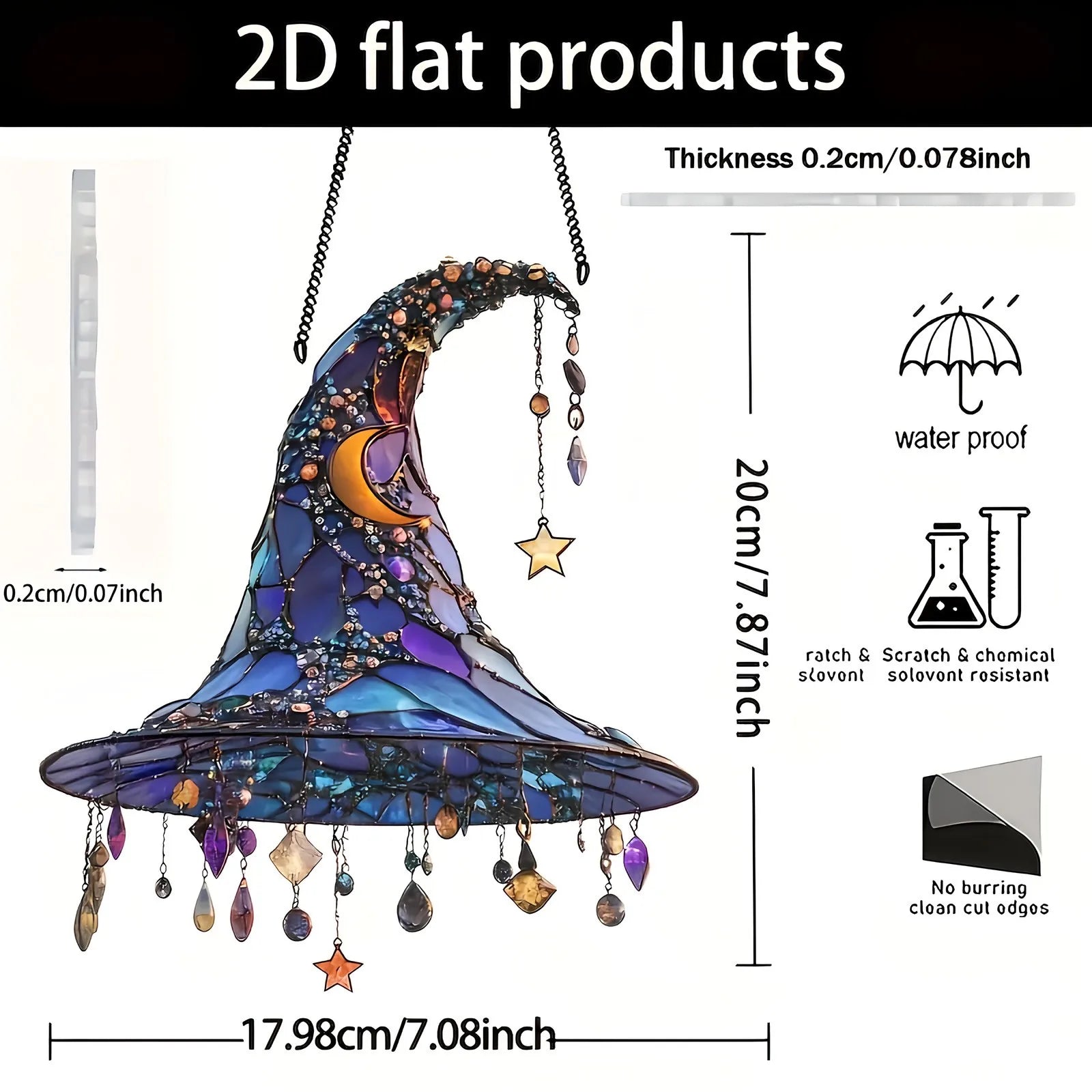 ‌Halloween Witch Hat Ornament Blue Acrylic Hanging Decor Glow in the Dark Party Supplies Moon Star Charm Spooky Home Decoration