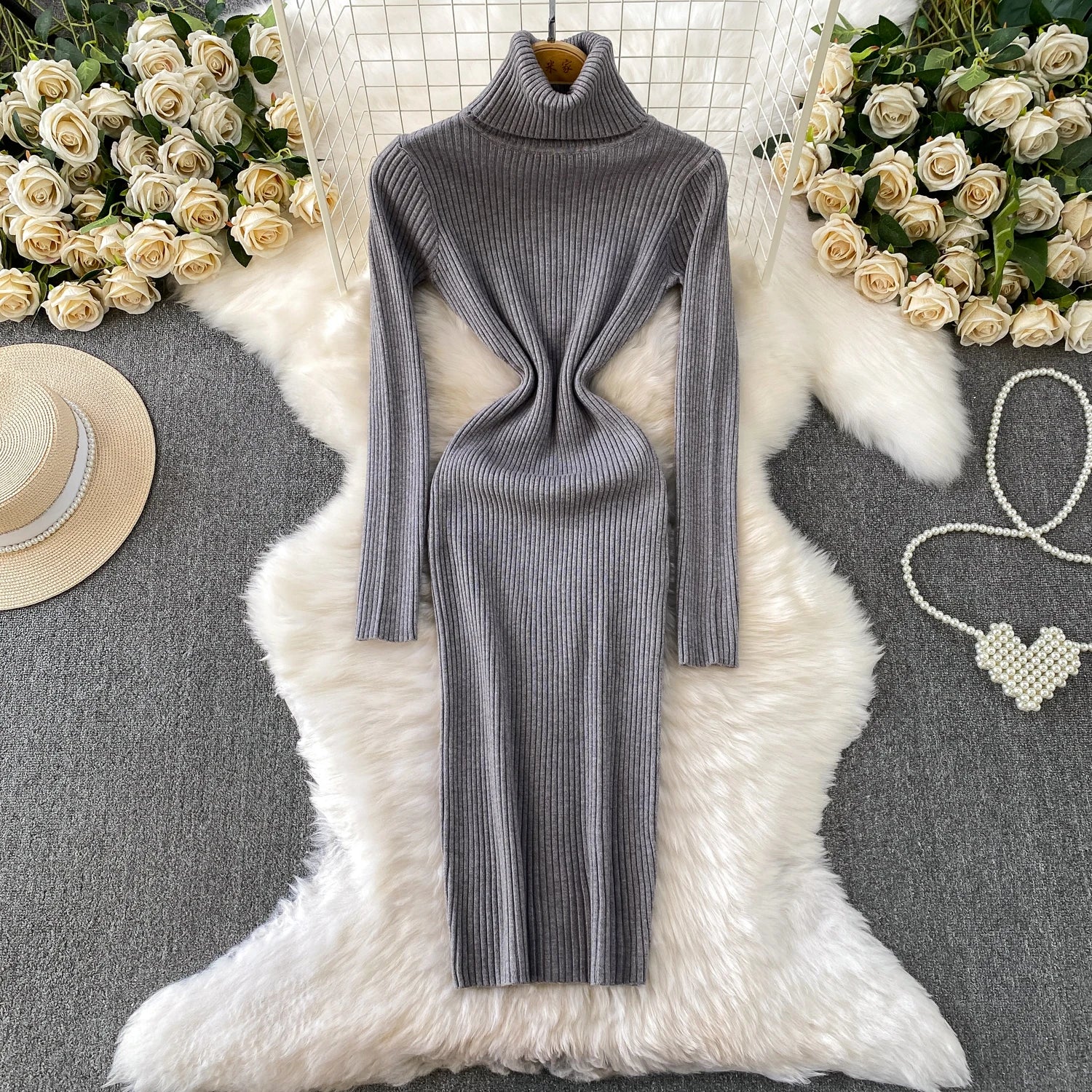 Women Winter Turtleneck Knittign Dress Stretch Slim Long Sleeve Soft Knitwear Dresses Female Casual Lining Simple Bottom Vestido