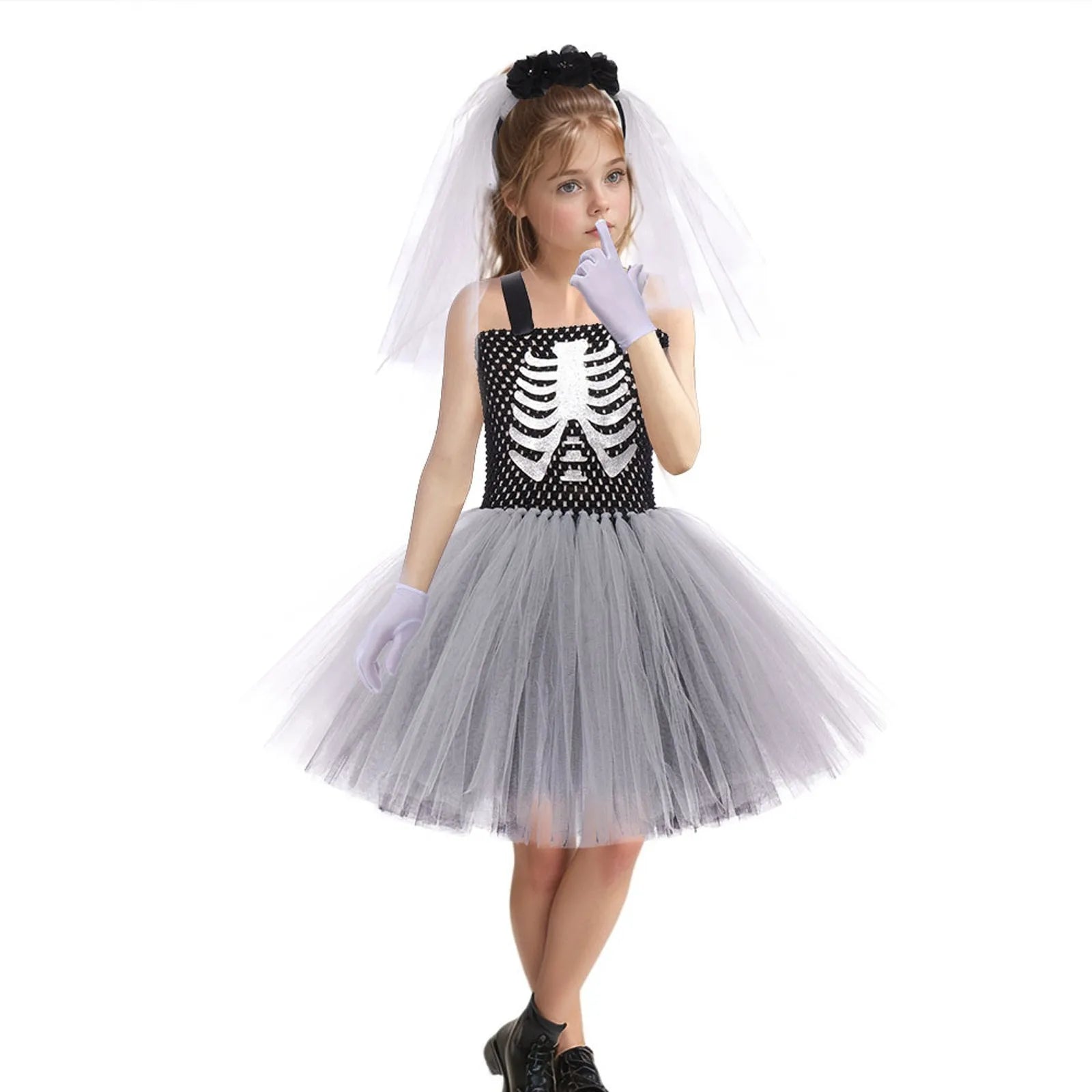 Halloween Terror Costumes For Girls Black White Ghost Scary Outfits Halloween Skeleton Fancy Tutu Dress For Kids