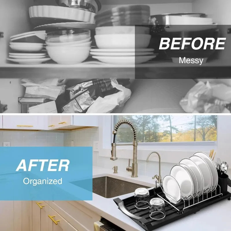 Kitchen Dish Storage Rack Retractable Dish Rack Kitchen Organizer Rack Countertop for Dishes and Chopsticks Drain Basket