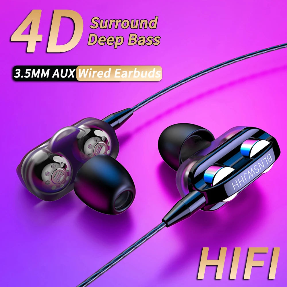 3.5mm Wired Headphones Noise Canceling In-Ear Sports Earphone Dual Driver Bass Stereo Gaming Headset HiFi Music Earbuds With Mic
