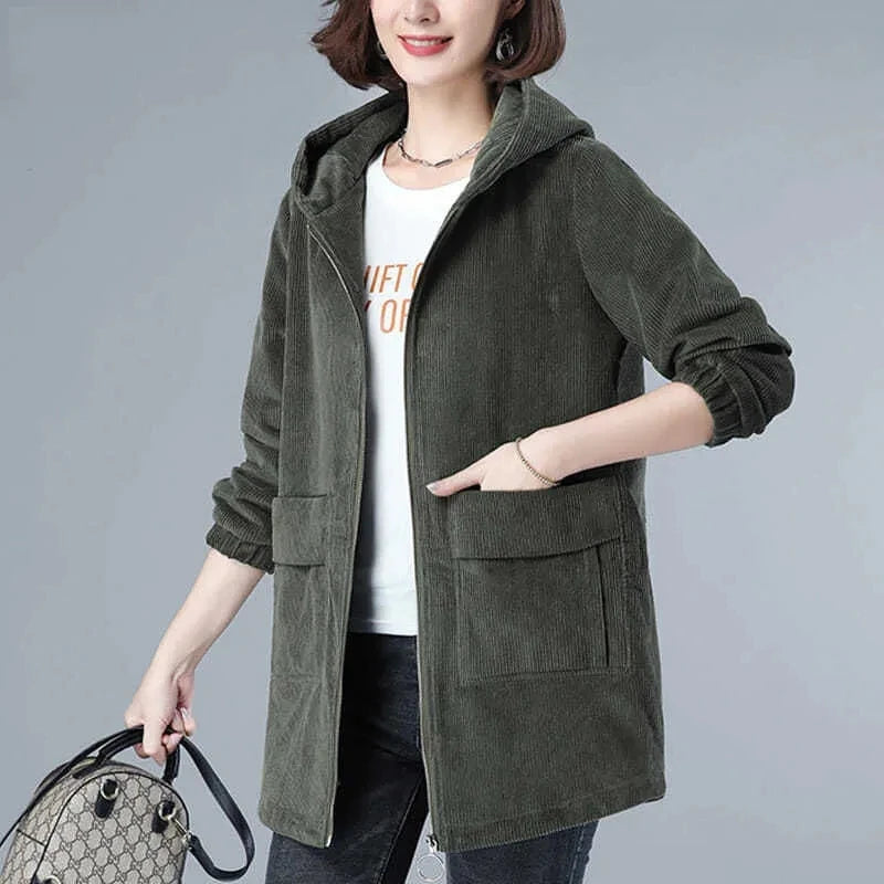 Corduroy Jacket For Women Autumn New Korean 5XL Casual Hooded Middle-aged Mother Windbreaker Coat  2189