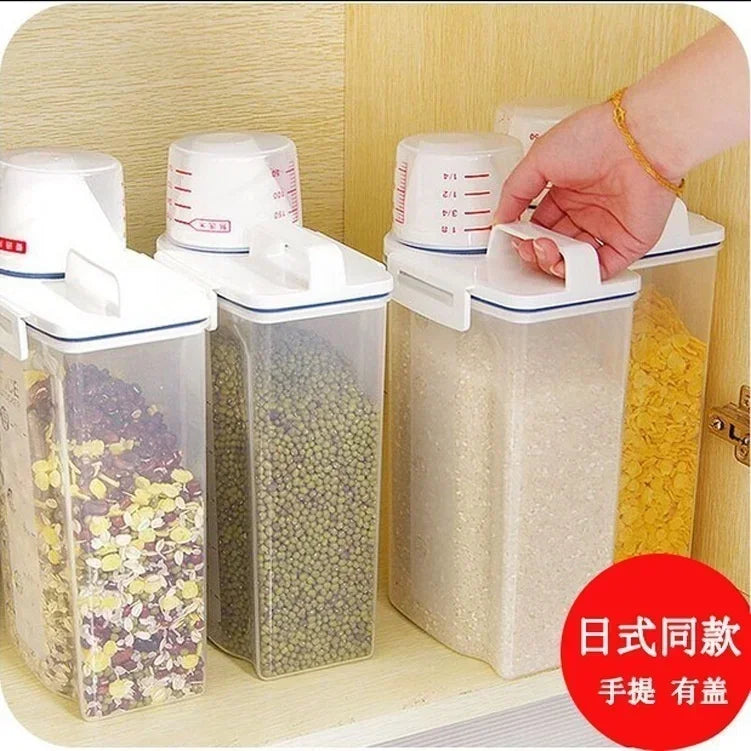 Kitchen grain storage box, household kitchen transparent plastic PP food container,rice and flour storage box with measuring cup