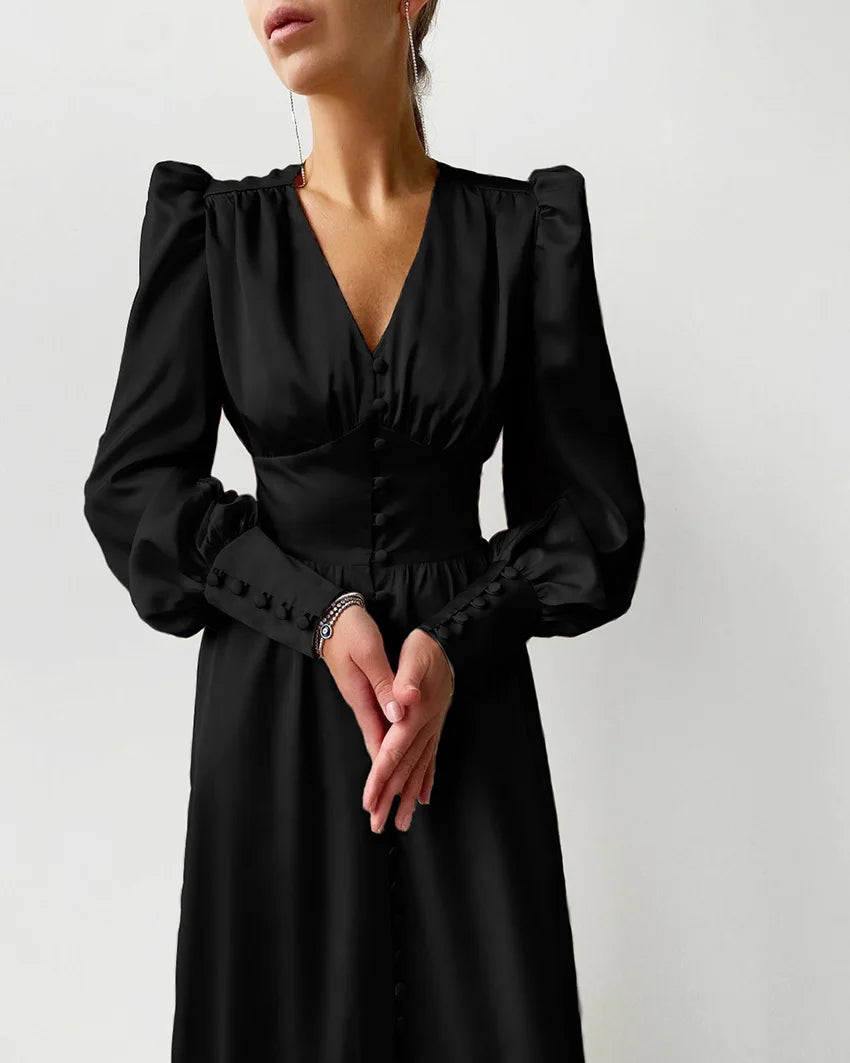 Autumn and Winter Women's Long Dress V-neck Satin Waist Retro Dresses for Women