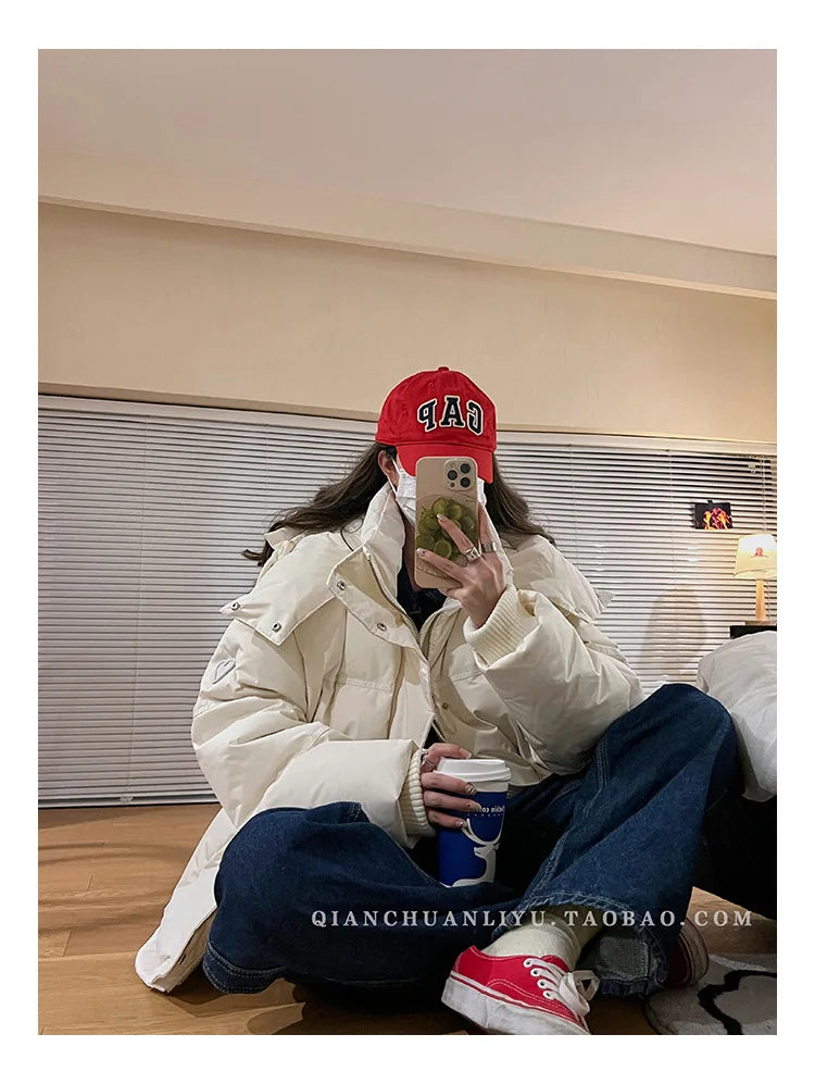 Women's Down Cotton Jacket Hooded Coat Winter Cotton Comfortable Thick Warm Love Embroidery Loose Jacket Snow Coat Clothing