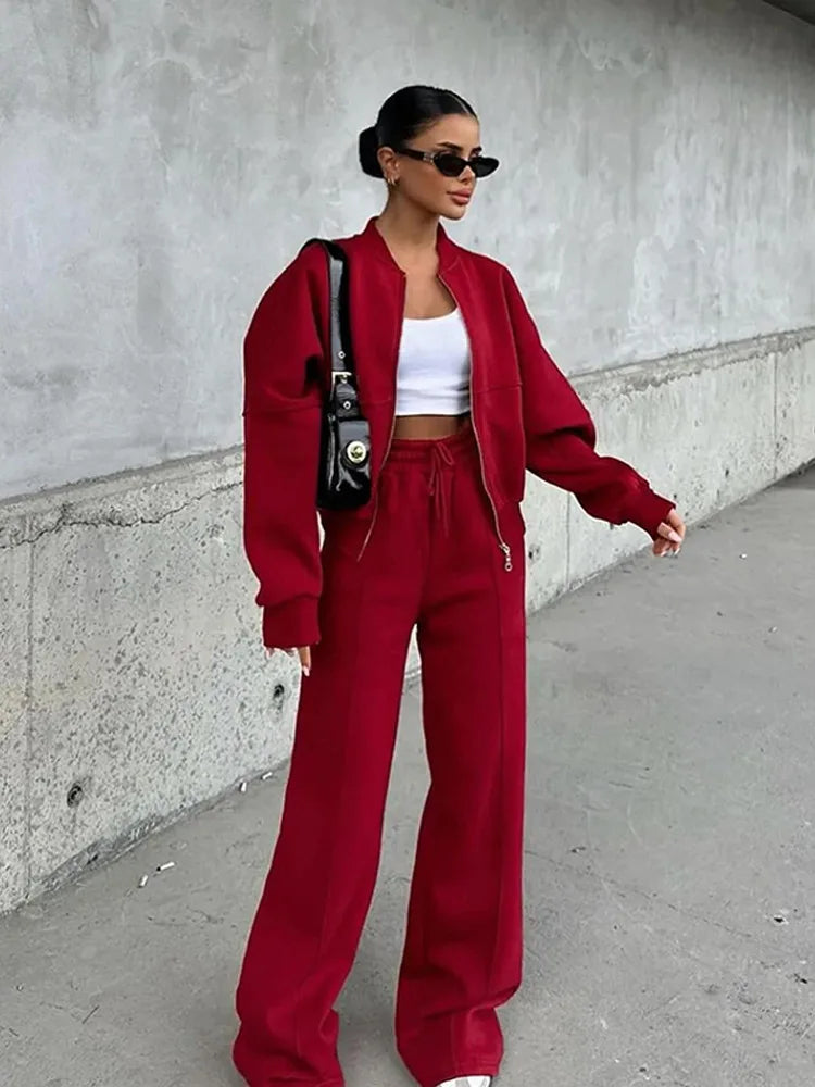 Women Sweatsuit Set Vintage O-neck Zipper Bomber Jackets High Waist Loose Pants Suit Female 2025 Spring Fashion Lady Sportswear