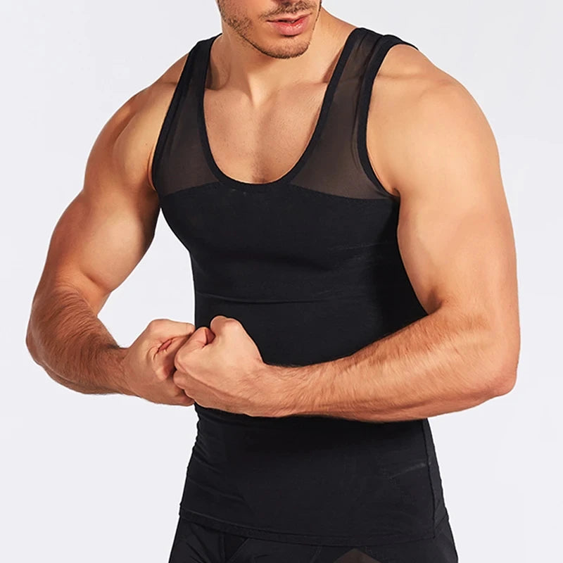 Compression Shirts for Men Slimming Undershirt Body Shaper Fitness Tank Tops Workout Sleeveless Shapewear Vest Mesh Cross Tops