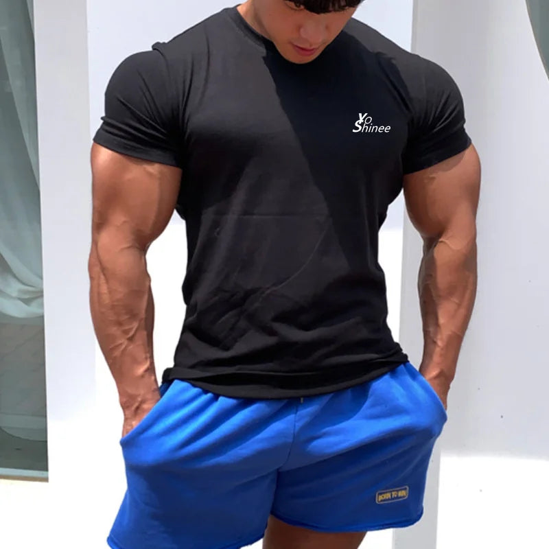 Men Tshirts Short Sleeve Slim Fit Stretch Cotton Muscle T-shirt for Men Bodybuilding Workout Casual GYM Fitness Tee