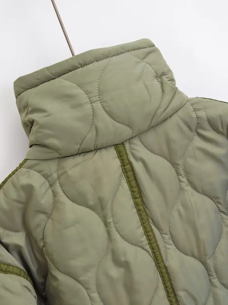 Quilted coat for women ETJ 2024traf QUILTED JACKET WITH TIES new beige drawstring high neck pocket clip cotton jacket for women