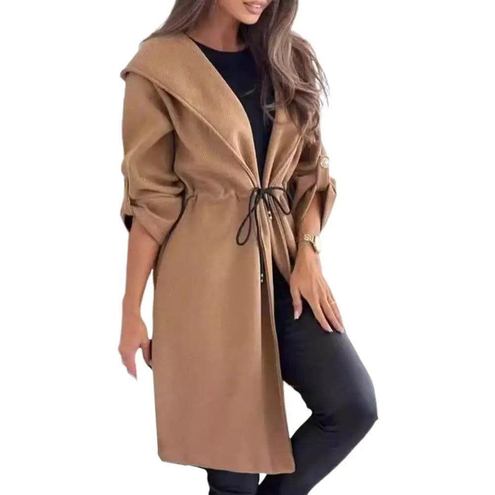 Women Loose Fit Jacket Stylish Hooded Winter Coat with Drawstring Waist Cufflinks for Women Warm Mid-length for Commuting