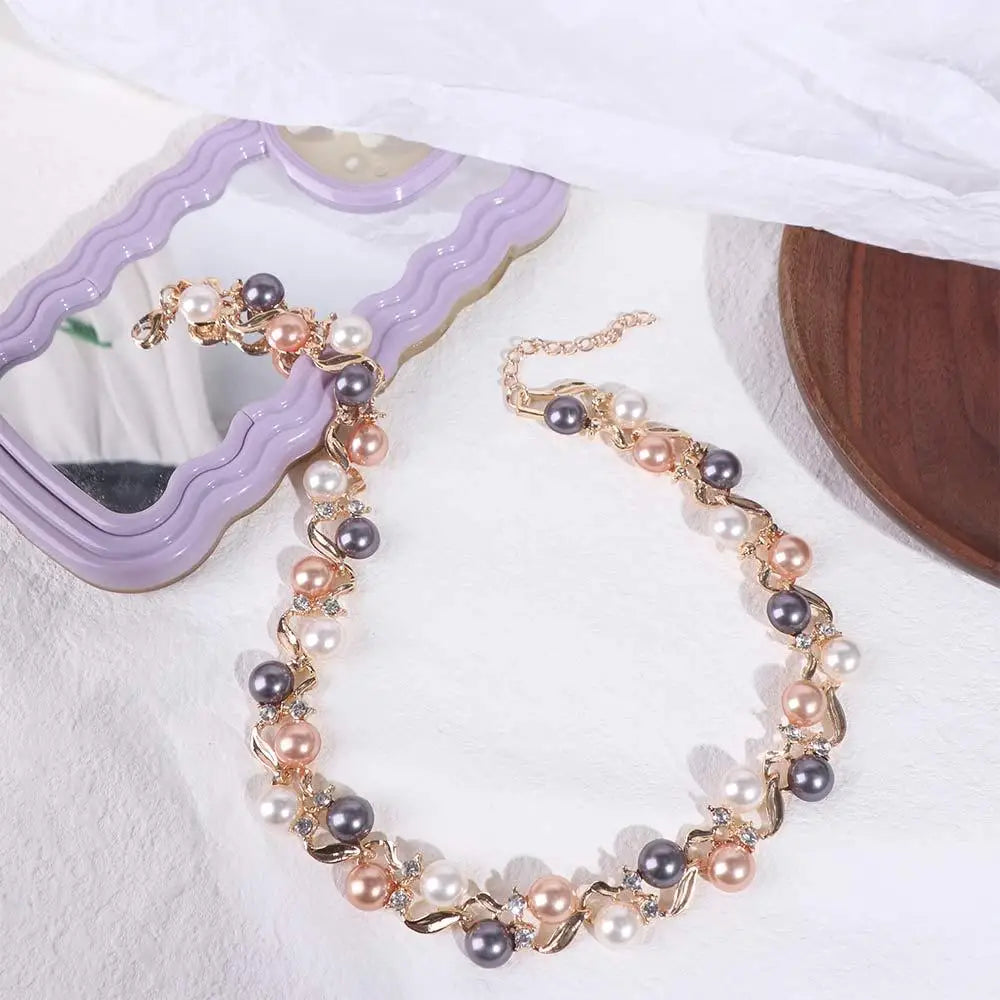 Exquisite Elegant Pearl Necklace Rhinestone Metal Colorful Pearl Necklace Dangle Earrings Leaf Necklace Earrings Set Gift