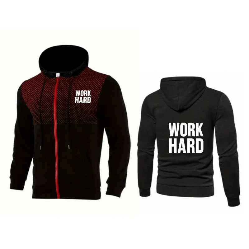 Men's Hooded Jacket Blue Work Hard Printed Text Gym Fitness Sport Casual Wear