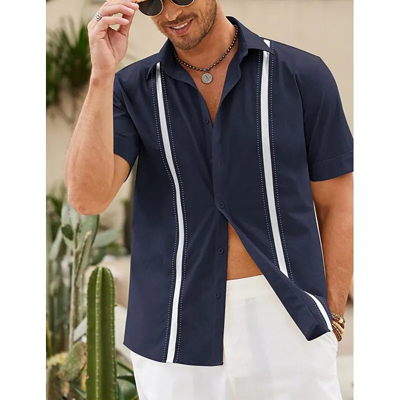 Men's Shirts Guayabera Shirts Button-Down T-Shirts Summer T-Shirts Beach Wear Navy Blue Short Sleeves Colorful Casual Daily Wear