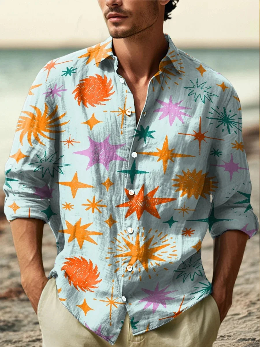 The new men's shirt is a fashionable and artistic printed linen shirt. The high-quality shirt fabric is comfortable