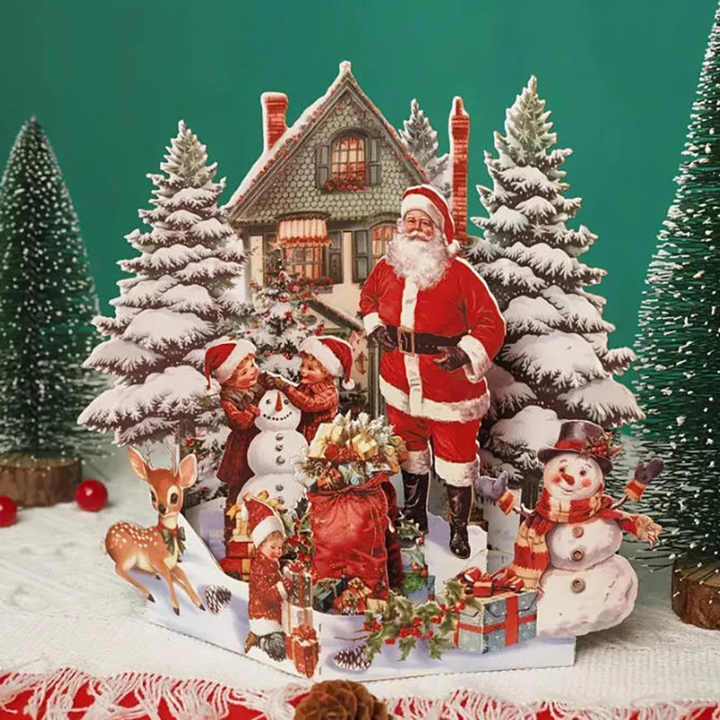 Christmas Scene 3D Christmas Card Night Before With Santa, Reindeer, Snowy Village & Moonlit Sky Festive Holiday Greeting Card F