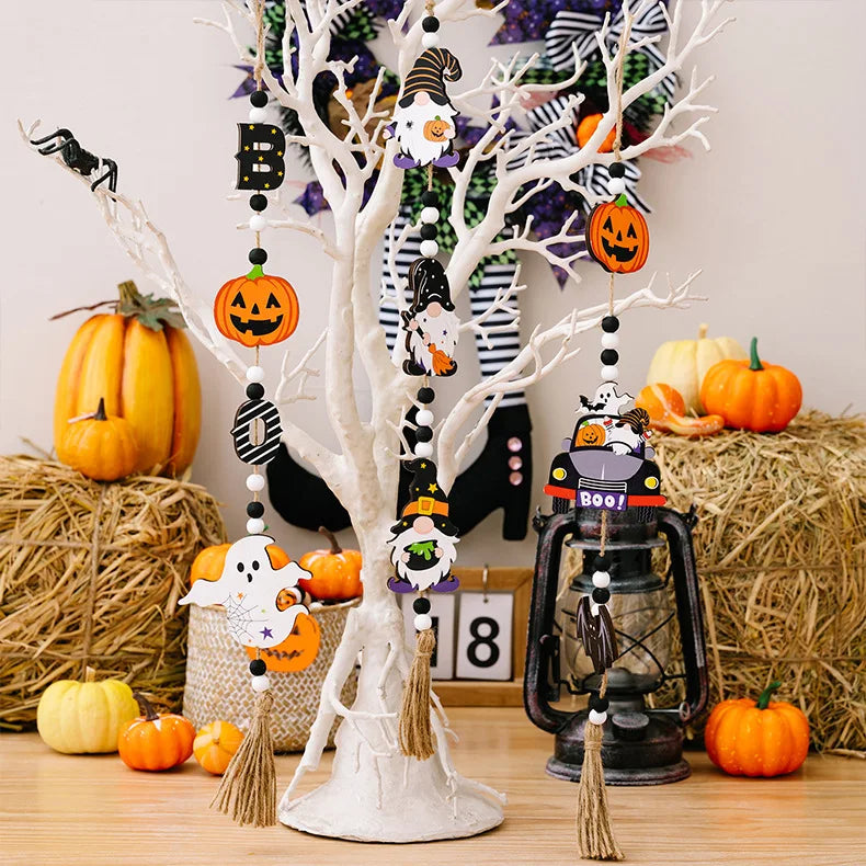 Halloween Wooden Hanging Decorative Ghost Festival Atmosphere Decorations Beaded Witch Pumpkin Bat Pendant Home Party Supplies