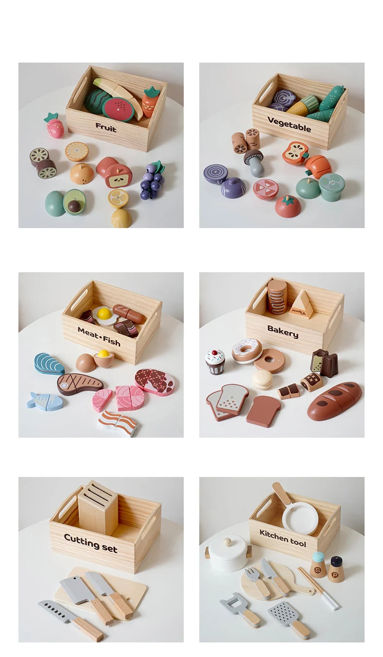 Wooden Pretend Play Kitchen Toys Cutting Food Accessories Set Fruit Vegetable Bakery Meat fish Early Educational Cognition Toys