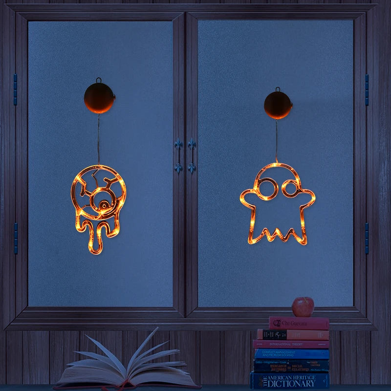 Halloween Orange Window Light Orange Pumpkin Ghost Witch Hat Design LED Sucker Lamp Bar Home Party Hanging Decor Without Battery