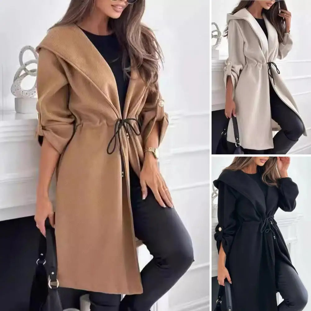 Women Loose Fit Jacket Stylish Hooded Winter Coat with Drawstring Waist Cufflinks for Women Warm Mid-length for Commuting