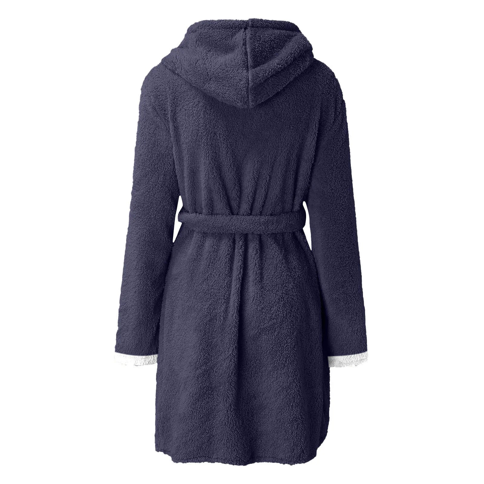 Women's Winter Casual Plush Robe Solid Color Matching Double Pocket Strappy Nightgown Fuzzy Bathrobe Coats Home Clothed Ladies